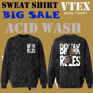 MEN'S COTTON TERRY FLECE SWEAT SHIRT SOLID BLACK COLOR WITH  DARK  PRINT ACID WASH